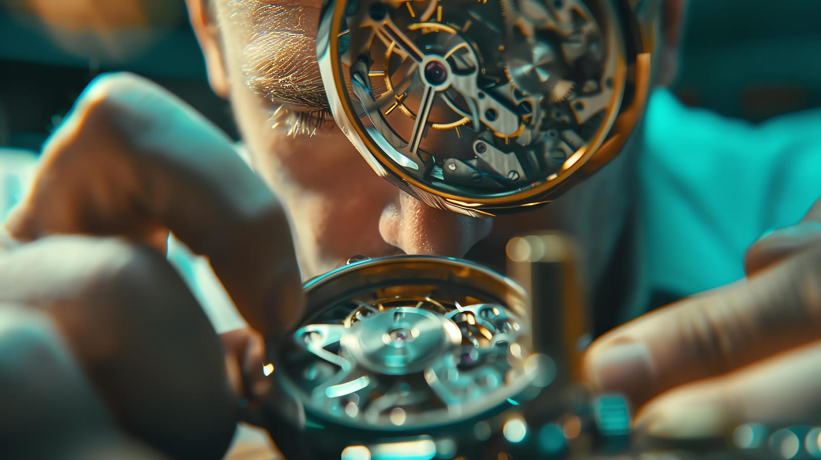 Orologiaio al banco che osserva con la lente un movimento smontato